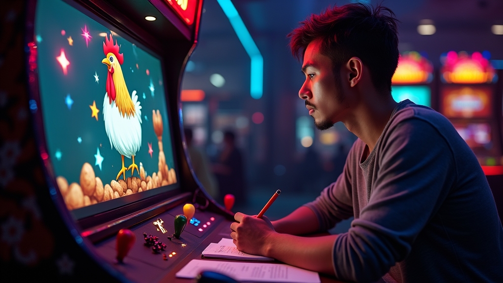 Einsteiger beobachtet den Demo-Ablauf an einem leuchtenden Spielbildschirm