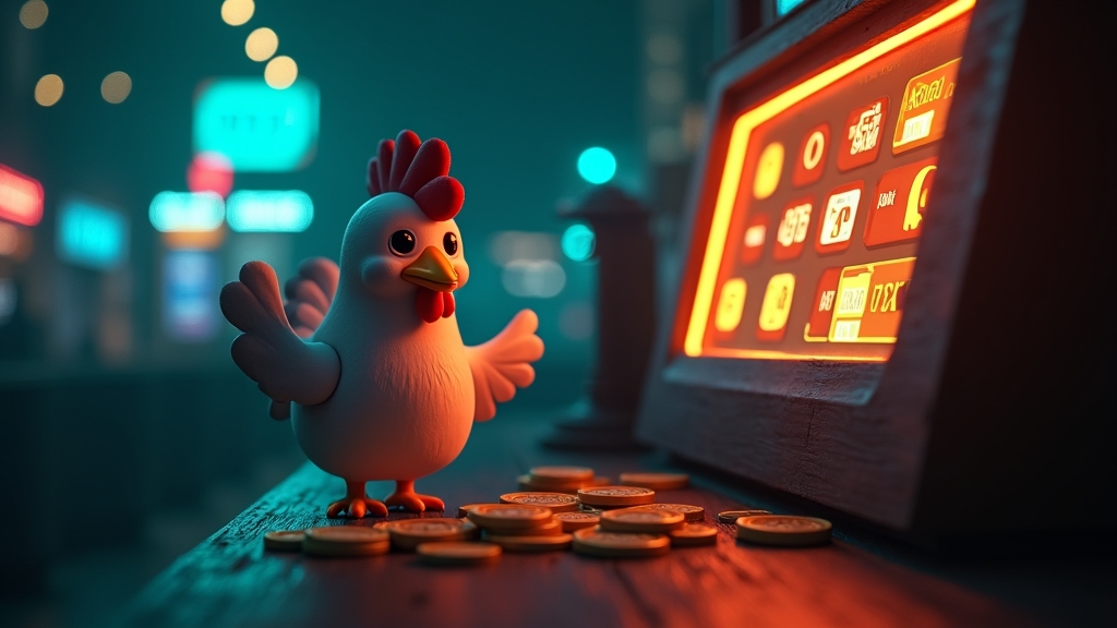 Dunkle Casino-Szene mit Auszahlungssymbolen und einem Chicken-Road-Terminal