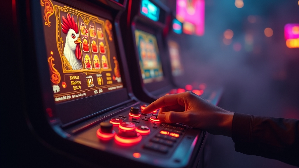 Demo-Spiel mit Huhn-Motiv auf einem leuchtenden Bildschirm im Casino-Ambiente