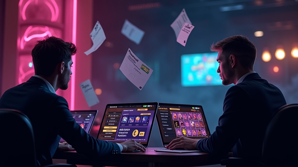 Spieler blickt auf Erfahrungsnotizen und Zahlungsfenster in einer Neon-Casino-Atmosphäre
