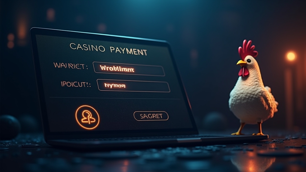 Digitales Zahlungsmenü mit Verifizierungsfenster neben einer Hühnerfigur im Casino